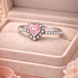 Size 7 Heart-Shaped Pink Stone Silver Ring NEW